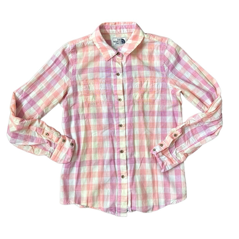 The North Face Womens Orange Pink Plaid Shirt Long Sleeve Cotton Button Size S